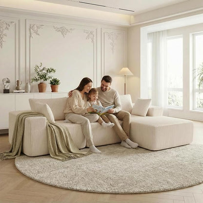 DUMOS 108" L-Shaped Sectional Boneless Couch for Living Room, Upholstered Corduroy Sofa with Deep Seat for Small Apartment, Bedroom, No Assembly in a Box, Right Facing Chaise, Beige