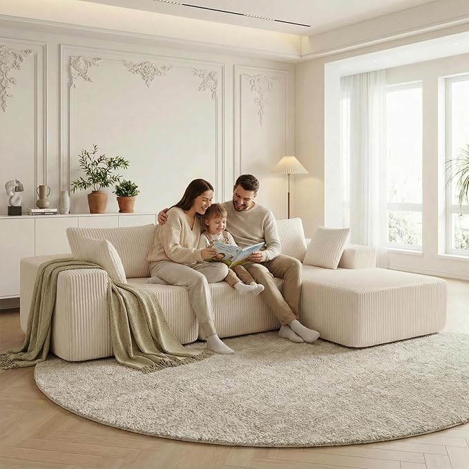 DUMOS 105" L-Shaped Sectional Boneless Couch for Living Room, Upholstered Corduroy Sofa with Deep Seat for Small Apartment, Bedroom, No Assembly in a Box, Right Facing Chaise, Beige