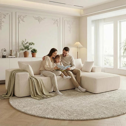 DUMOS 105" L-Shaped Sectional Boneless Couch for Living Room, Upholstered Corduroy Sofa with Deep Seat for Small Apartment, Bedroom, No Assembly in a Box, Right Facing Chaise, Beige