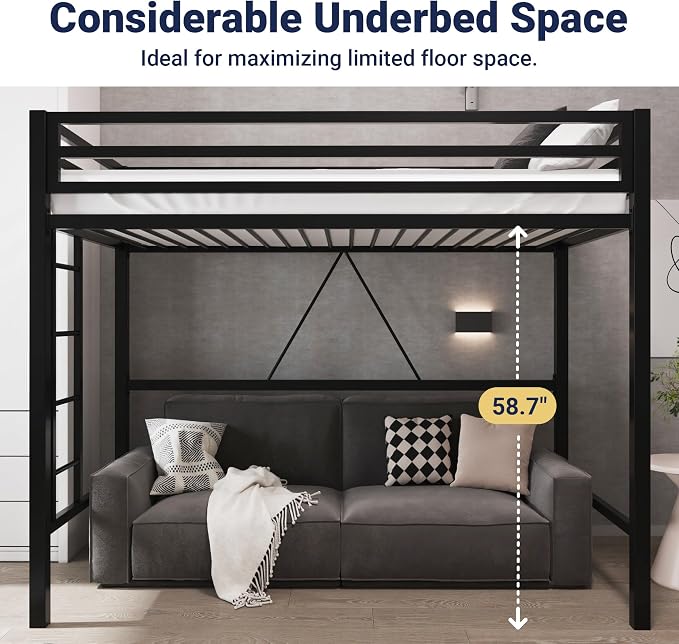 Allewie Metal Loft Bed Twin Size with Guardrail and Ladder,Black | Small Space Saving Design for Bedroom Kid Room and Dorm, No Box Spring Needed