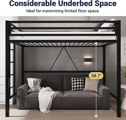 Allewie Metal Loft Bed Twin Size with Guardrail and Ladder,Black | Small Space Saving Design for Bedroom Kid Room and Dorm, No Box Spring Needed
