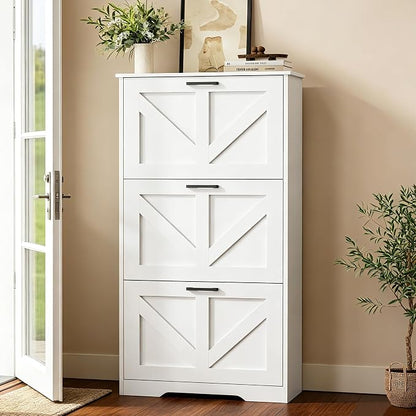 Homleke Farmhouse Shoe Cabinet for Entryway with 3 Barn-Style Flip Drawers, Narrow Shoe Storage Organizer with Top Display Shelf, Adjustable Shelves, Shoe Rack for Hallway, Closet- (White, 24" Wide)
