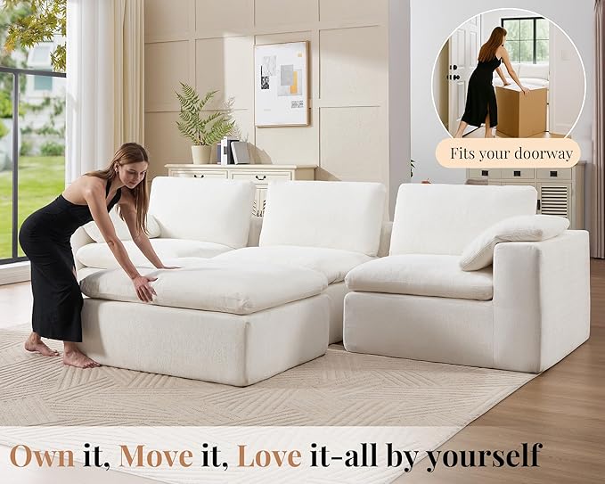 Jocisland 153" Cloud Couch Sectional, No-Assembly Modular Sectional Sofa with 76.4 inch Deep Chaise, Oversize Cloud Couch for Living Room, White Chenille