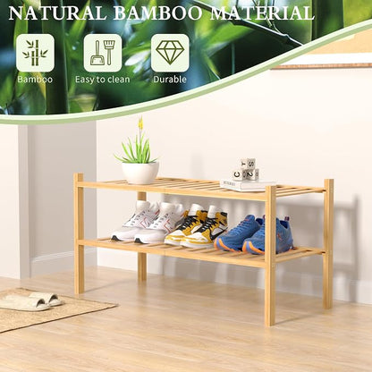 ROMGUAR CRAFT 2 Tier Bamboo Shoe Rack for Closet Free Standing Wood Shoe Shelf for Entryway Small Space Stackable 27"x11"x13" (Natural)