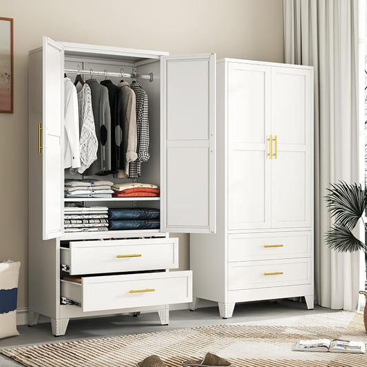 Ckzbx 71" H Metal Armoire Wardrobe Closet with 2 Drawers, Adjustable Shelve, Clothes Drying Pole, Steel Wardrobe Cabinet for Bedroom (White)