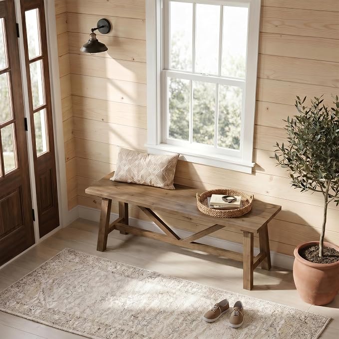 Wnutrees 43" Farmhouse Solid Wood Bench, Narrow Long Seat for Entryway Living Room Dining Area, Natural