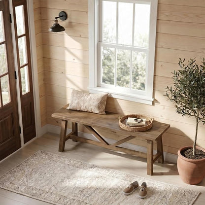 Wnutrees 43" Farmhouse Solid Wood Bench, Narrow Long Seat for Entryway Living Room Dining Area, Natural