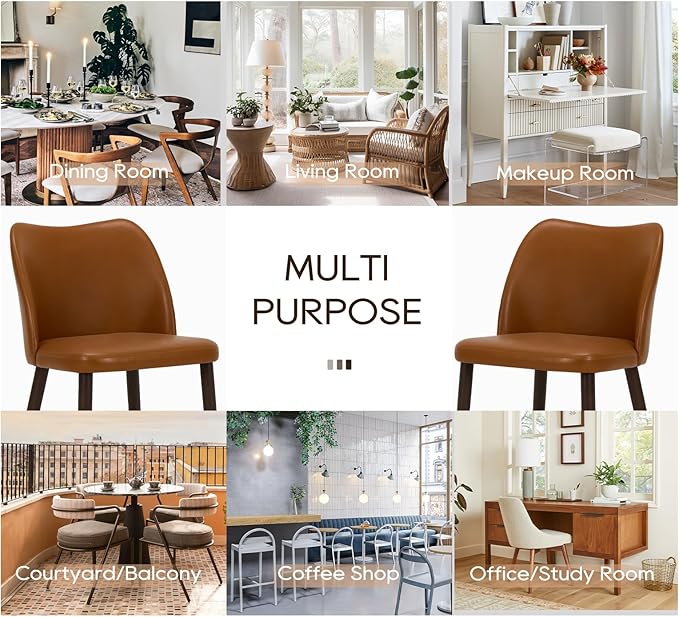 COLAMY Dining Chairs Set of 6, Upholstered Leather Kitchen Chairs with Curved Back, Padded Seat and Solid Wood Legs, Modern Dining Chair for Kitchen Dining Room,Light Brown