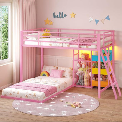 Hasuit Bunk Bed Twin Over Twin Size with Large Toy Storage Organizer and 3 Bins, Twin Bunk Beds with LED Lights, Metal L-Shaped Loft Bed with 13.4" H Safety Guardrail & Ladder, for Kids & Teens, Pink