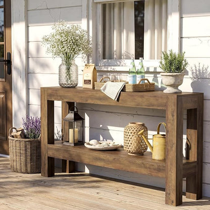 LITTLE TREE 63-Inch Entryway Console Table, Long Farmhouse Narrow Sofa Table for Living Room, Hallway, Entry, Entrance, Foyer, Behind Couch with 2-Tier Shelves, Rustic Brown