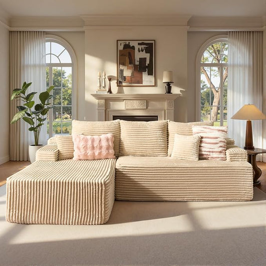 ovios 96" Cloud Sectional Couch with L-Shape Chaise,Modern Modular Sofa with Deep Seat, Upholstered Couches for Living Room Bedroom,No Assembly Required, Beige (Plush Corduroy Fabric)