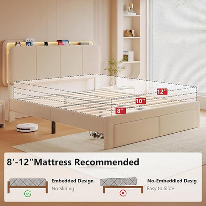 Feonase Queen Upholstered Bed Frame with Headboard and 2 Storage Drawers, Built-in Charging Station, Velvet Platform LED Bed with Solid Wood Slat Support, No Box Spring Needed, Beige