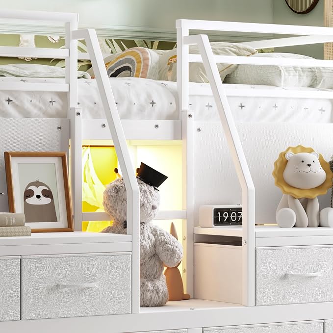 Bellemave Full Size Loft Bed with 8 Non-Woven Fabric Storage Drawers and Bookshelf, Low Loft Bed with Lights and Private Play Curtain, Full Loft Beds with High Rails, Noise Reduced White