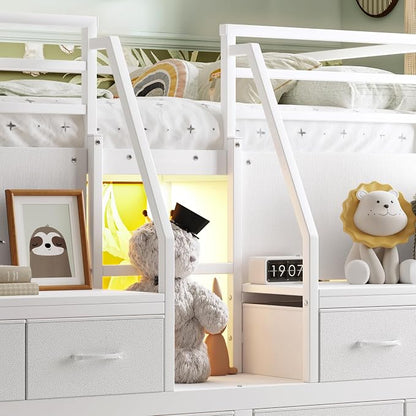 Bellemave Full Size Loft Bed with 8 Non-Woven Fabric Storage Drawers and Bookshelf, Low Loft Bed with Lights and Private Play Curtain, Full Loft Beds with High Rails, Noise Reduced White