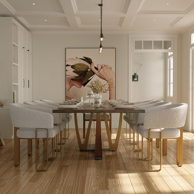 Boucle Dining Chairs Set of 24, Off White and Gold Dining Room Chairs with Arms for Kitchen, Luxury Side Chairs with U-Shaped Brushed Gold Metal Legs