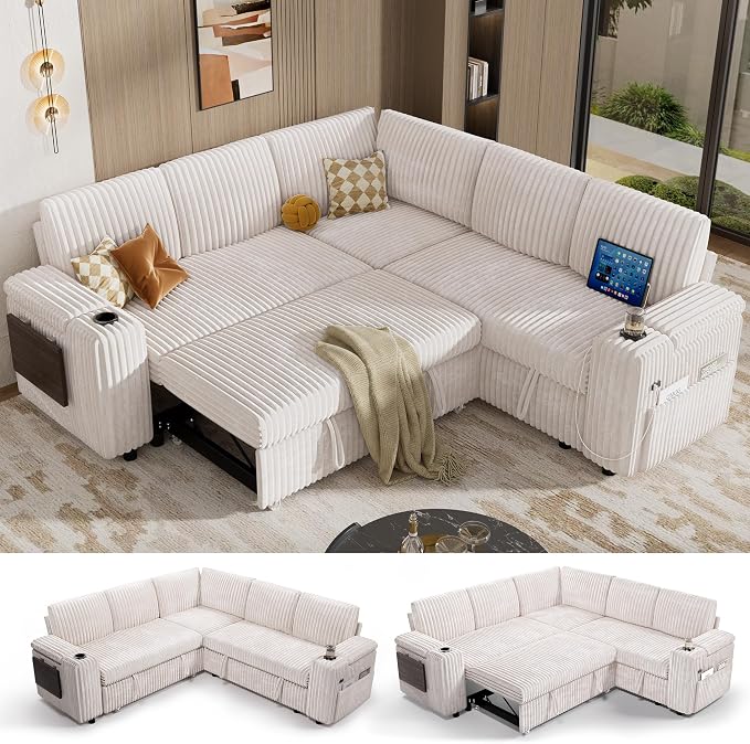 Vipbear 86" Modular Sectional Sleeper Sofa with Pull Out Bed, 5 Seat Plush Corduroy L Shaped Couch with Storage Seat|USB Ports|Cup Holders|Side Table|Storage Armrests, Tool Free Assembly, Beige