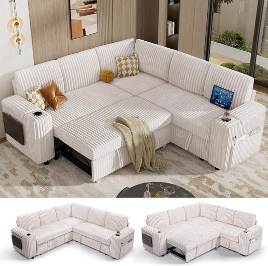 Vipbear 86" Modular Sectional Sleeper Sofa with Pull Out Bed, 5 Seat Plush Corduroy L Shaped Couch with Storage Seat|USB Ports|Cup Holders|Side Table|Storage Armrests, Tool Free Assembly, Beige