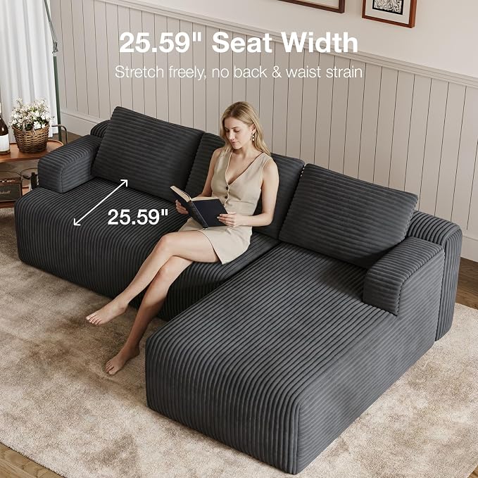 Novilla L-Shape Sectional Couches for Living Room with Smarts Coil® Support, 3 Seater Sectional Sofas for Living Room Bedroom, Corduroy Cloud Couch Sectional, No Assembly(Dark Grey, Right Hand Facing)