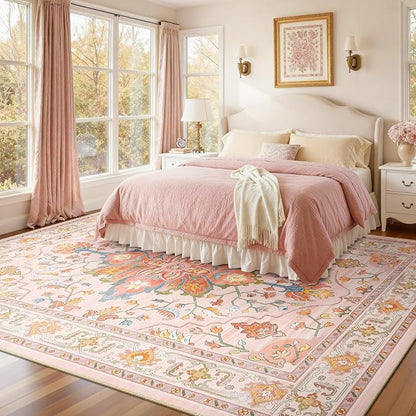 RELEANY Area Rugs 7'x10' Washable Non-Slip, Floral Vintage Distress Medallion Carpet for Living Room Bedroom Dining Room, Light Pink Colorful
