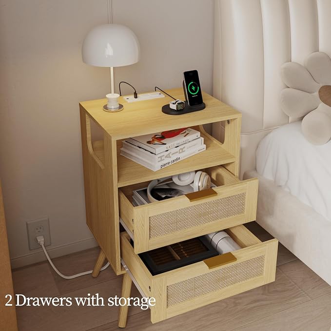 JOONEE Rattan Nightstand with Charging Station,Farmhouse Bedside Table with 2 Storage Drawer and Open Wood Shelf, for Bedroom and Small Spaces,Night Stand with Solid Wood Legs (Yellow Oak-Outlet)
