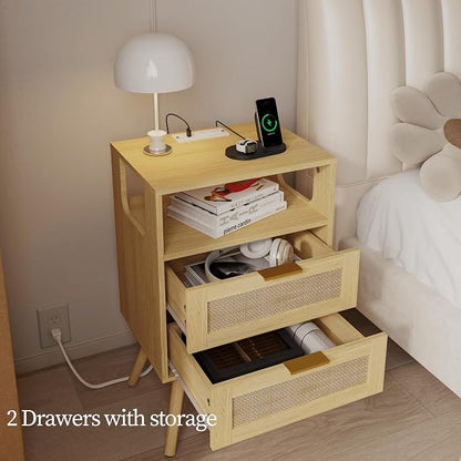 JOONEE Rattan Nightstand with Charging Station,Farmhouse Bedside Table with 2 Storage Drawer and Open Wood Shelf, for Bedroom and Small Spaces,Night Stand with Solid Wood Legs (Yellow Oak-Outlet)