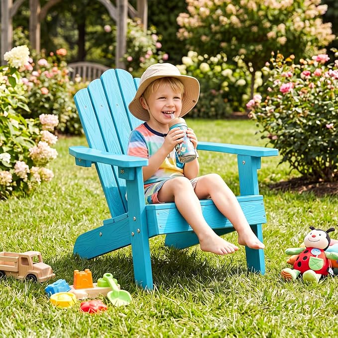 Costzon Kids Adirondack Chair, All-Weather HIPS Toddler Outdoor Chair, Wooden Textured Plastic Fire Pit Chair, Kids Patio Chair for Backyard Lawn Garden, Fits Children Age 3-7 Years (1, Turquoise)