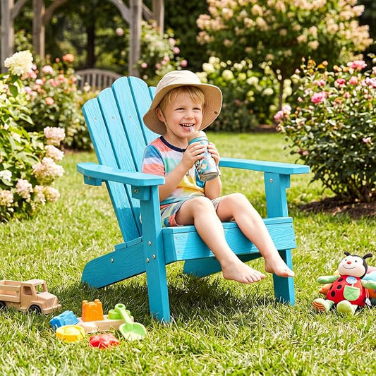 Costzon Kids Adirondack Chair, All-Weather HIPS Toddler Outdoor Chair, Wooden Textured Plastic Fire Pit Chair, Kids Patio Chair for Backyard Lawn Garden, Fits Children Age 3-7 Years (4, Turquoise)