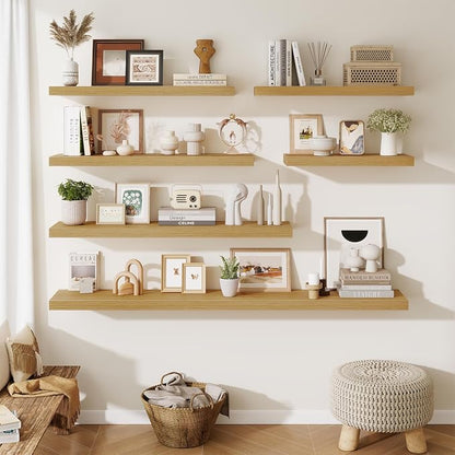 Fun Memories 24 x 10 Floating Shelves Wall-Mounted - Rustic Wood Shelf - 10 Inch Deep Floating Shelves for Wall - Large Storage Shelf for Bathroom - Kitchen & Bedroom - Oak - Set of 2