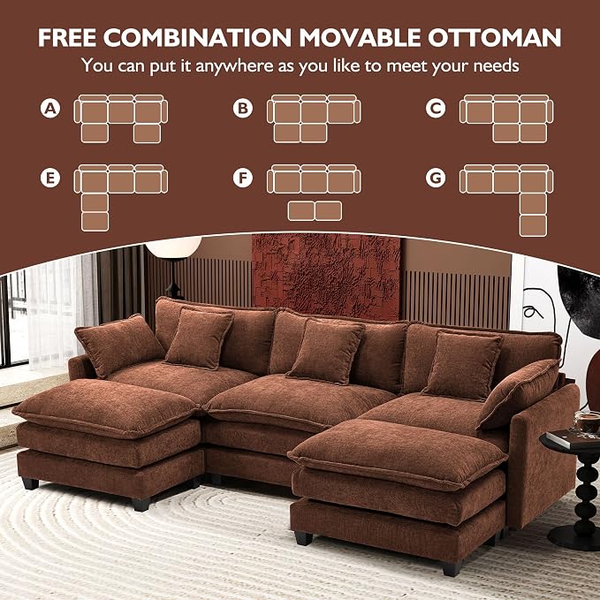 Ihanherry 111.4" U Shaped Modern Sofa Modular Sectional Luxurious and Comfortable with 2 Ottoman, 5-Seat Chenille Deep Seat Sofa with Pillow for Living Room, Bedroom and Apartment, Brick Red