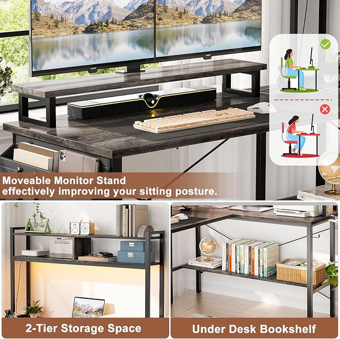 Aheaplus L Shaped Gaming Desk with Power Outlets & LED Lights, Small L- Shaped Desk Computer Corner Desk with Monitor Stand & Storage Shelf, Home Office Desk Writing Desk with Storage Bag, Grey Oak