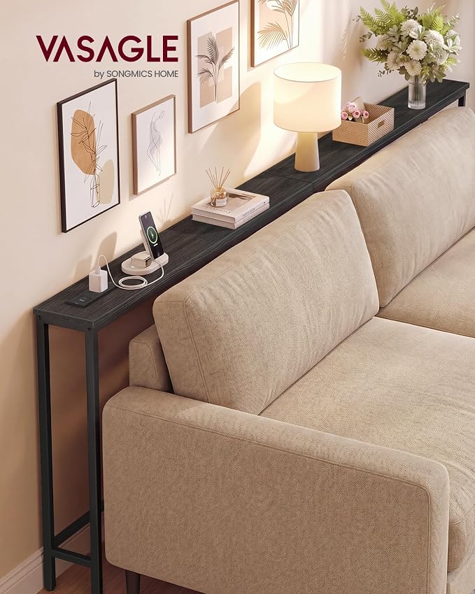 VASAGLE Narrow Console Table with Power Outlet, Behind Couch Sofa Tables, Easy Assembly, for Entryway, Living Room, 5.9 x 78.7 x 31.5 inches, Charcoal Gray and Ink Black, BARNET Collection ULNT077B201