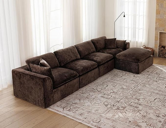 146" Modular Sectional Sofa – Modern Cloud Couch with Deep Chenille Seats, L-Shaped Boneless Sofa, Pet-Friendly, No Assembly, Brown (4 Seater + 1 Ottoman)