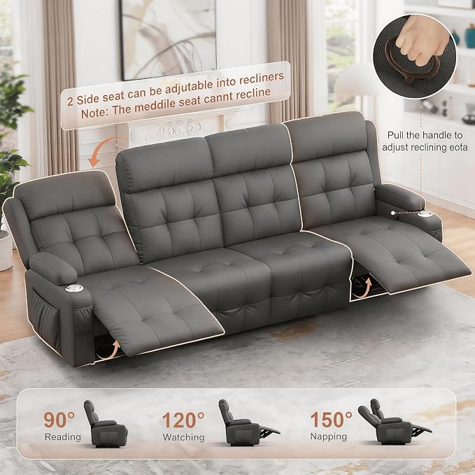 Reclining Couch, 113" PU Leather Sofa Recliner with Massage - 4 Seat Home Theater Seating Comfy Soft, Manual Wall Hugger Reclining with Lumbar Support Sofa Set for Family Living Room, Dark Gray
