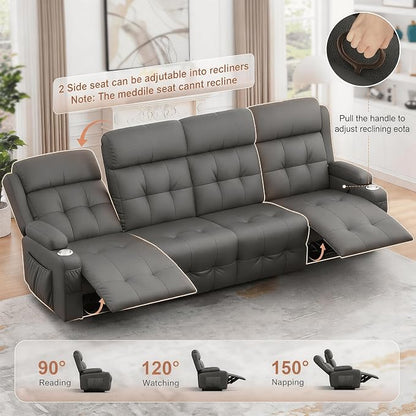 Reclining Couch, 113" PU Leather Sofa Recliner with Massage - 4 Seat Home Theater Seating Comfy Soft, Manual Wall Hugger Reclining with Lumbar Support Sofa Set for Family Living Room, Dark Gray