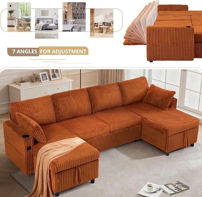 110" Corduroy U-Shape Sofa Bed with Adjustable Backrests, Upholstered Pull Out Sofa Bed with USB Ports, Convertible Sectional Sleeper Couch with Storage Chaise for Living Room, House, Orange