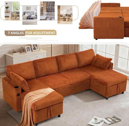 110" Corduroy U-Shape Sofa Bed with Adjustable Backrests, Upholstered Pull Out Sofa Bed with USB Ports, Convertible Sectional Sleeper Couch with Storage Chaise for Living Room, House, Orange