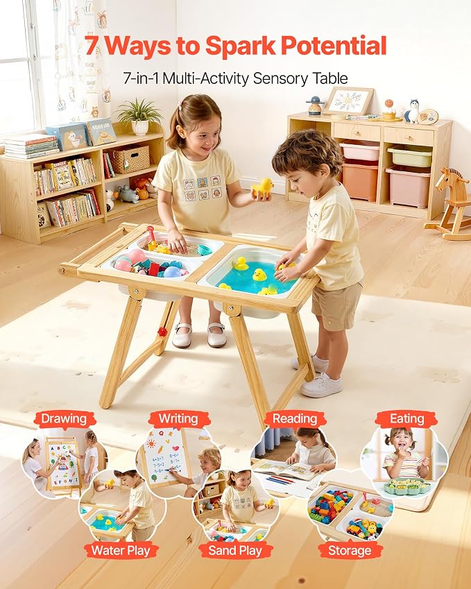 VEVOR Sensory Table for Toddlers, Wooden Kids Activity Table and Art Easel with Reversible Double-Sided Board, Storage Bins, for Boys and Girls Playing Sand and Water, Drawing, Studying, Dining