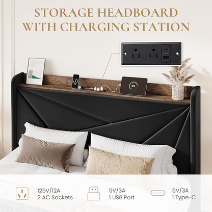 SHA CERLIN Queen Bed Frame with 3 Drawers, USB & Type-C Charging Ports, Velvet Upholstered Platform Bed with Modern Geometric Wingback Storage Headboard, No Box Spring Needed, Easy Assembly, Black