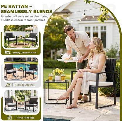 Flamaker 3 Pieces Patio Furniture Outdoor Wicker Modern Rattan Chair Conversation Sets with Coffee Table for Yard, Bistro(White)