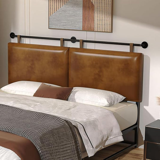 BSHOMGI Queen Headboard, Hanging Headboards with Brown Faux Leather Industrial Pipe Modern Style Only for Bed Backboard Headboards for Queen Size Bed