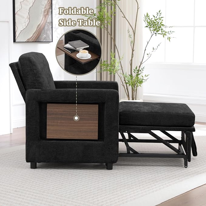 3 in 1 Folding Convertible Sleeper Sofa Bed Pull Out Couch with Side Pockets USB Port Side Table Single Sofa Bed with Adjustable Backrest for Living Room Bedroom 66" Black 1 SEAT