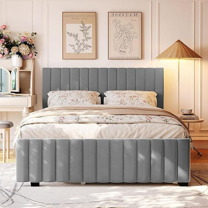 Ball & Cast Queen Bed Frame with Twin XL Size Trundle,Velvet Upholstered Platform Bed Frame Queen Size with Channel Tufted Headboard,Wood Slats Support,No Box Spring Needed,Easy Assembly,Gray