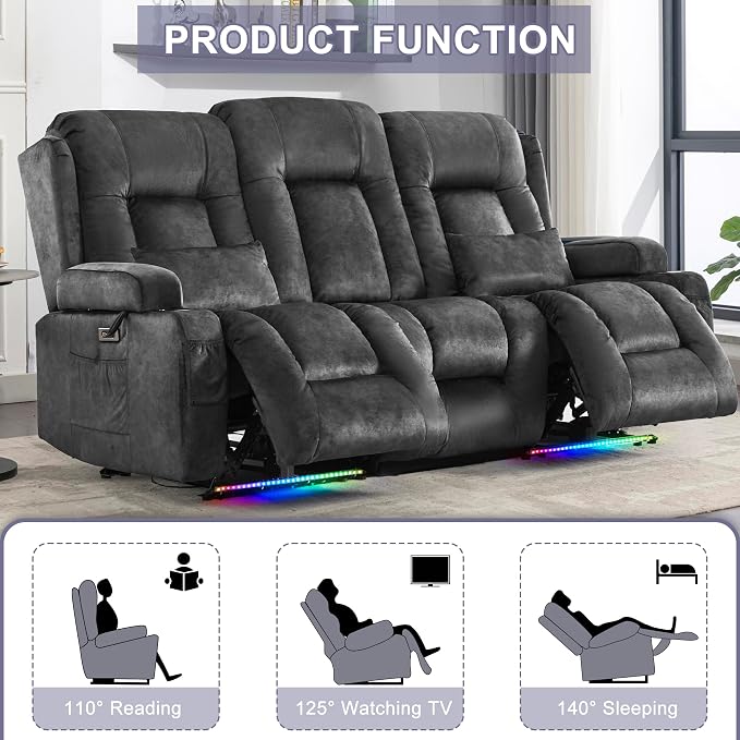 URRED Power Loveseat Recliner Sofa with Massage and Heat, Wall Hugger Reclining Loveseat with Console, RV Couch Home Theater Seating with LED Lights for Living Room (Brown, 76.8" - 3 Seats)