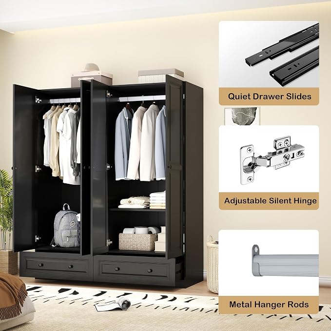 Armoire Wardrobe Closet with Drawers: 63" Black Wardrobe Closet with 4 Doors and 2 Drawers, Wood Clothes Armoire with Hanging Rod, Clothing Storage Cabinet for Bedroom