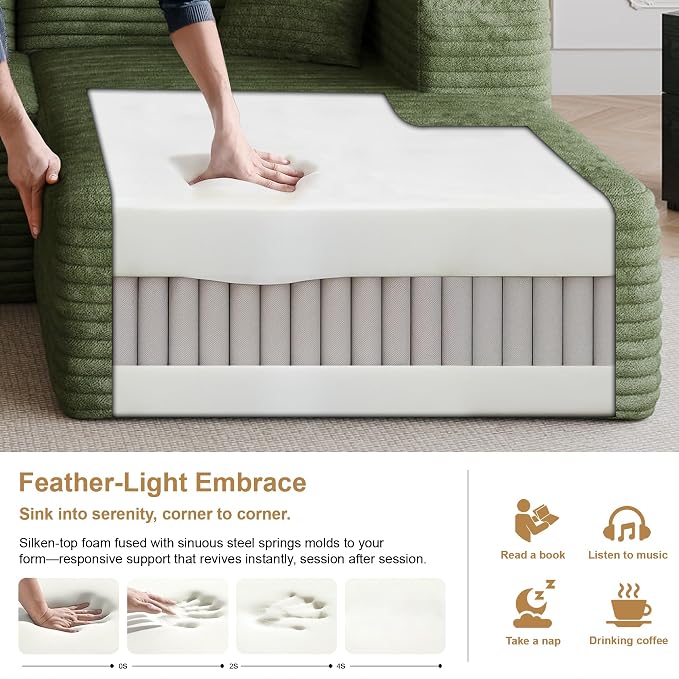 AUGOP 96" Sectional Couches for Living Room Modern Modular Sofa with L-Shape Couchs Upholstered Boneless Couch Deep Seat Sectional Couch with Chaise (Green, 96" Right Facing Chaise+2Seaters)