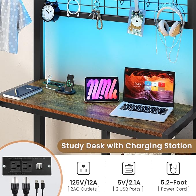 DICTAC Bunk Bed Twin Over Twin with Desk,Led Lights and Charging Station twin Bunk Beds with Storage Drawers and Shelves,Metal L-Shaped for kids with Safety Guardrail&Ladder,No Box Spring Needed,Black