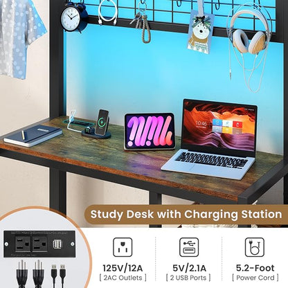 DICTAC Bunk Bed Twin Over Twin with Desk,Led Lights and Charging Station twin Bunk Beds with Storage Drawers and Shelves,Metal L-Shaped for kids with Safety Guardrail&Ladder,No Box Spring Needed,Black