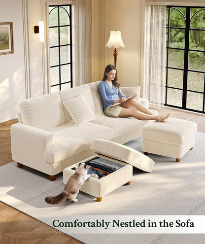 Welzona 87.2" Couches for Living Room, Comfy U Shaped Couch Beige 7.5" Thicker Cushion, Sofas for Living Room Tool-Free Setup, Loveseat with Ottoman 848lbs Support, Corduroy Couch for Bedroom, Office