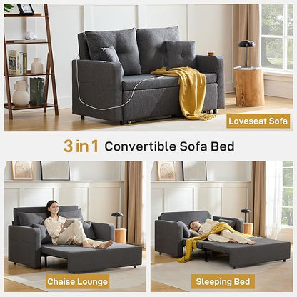 Busaurus 3 in 1 Convertible Sofa Bed, 56" Full Size Pull Out Couch, Loveseat Sleeper with Storage Pocket, USB, Comfy Sleeper Sofa Bed for Living Room, Bedroom, Small Space, Deep Grey