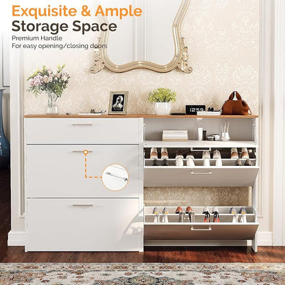 VINGLI Shoe Cabinet for Entryway, Slim Shoe Rack Storage Organizer with 3 Flip Drawers, Modern White Hidden Shoe Shelf with Oak Top, Narrow Free Standing Sneaker Cabinet for Hallway, 9.5" Depth